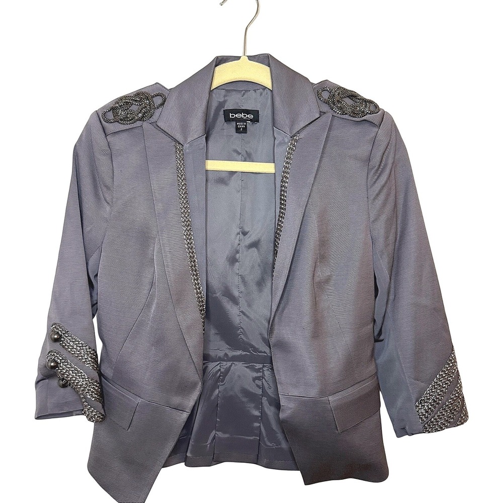 Women's VTG BEBE Gray Blazer Jacket Y2K Silver Details Gothic Open Cropped SZ 2